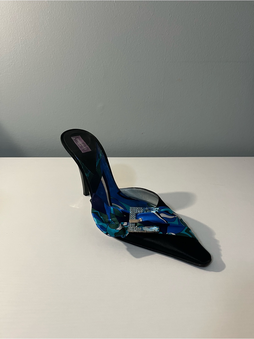 Emilio Pucci Blue Multi-Pattern Pointed Toe Mule With Jewel Buckle